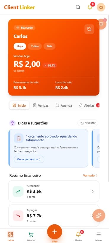 Painel de Controle no celular